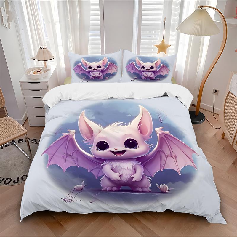 3pcs Cute Purple Bat Quilt Cover Set - Soft and Cozy Bedroom, Guest Room and Dorm Decorative Bedding 3-Piece Set 1 Quilt Cover + 2 Pillow Shams.H
