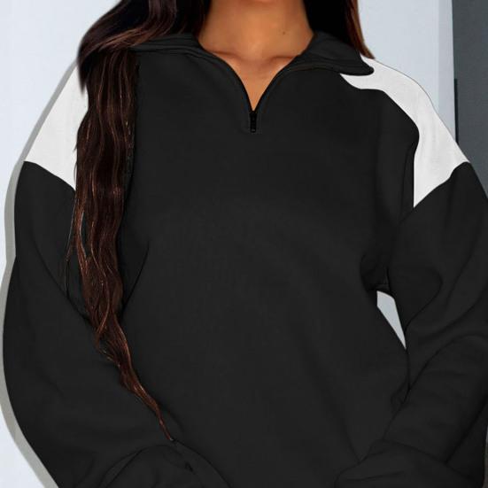 Весна Осень Женская толстовка Отложной воротник Длинные рукава Свободная молния до середины спины Контрастный цвет Улица