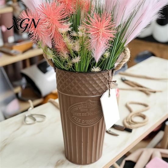 Large Open Mouth Bouquet Vase Vintage Metal Flower Buckets, Rustic Vases with Handles, Floral Containers, Wide Nostalgic Indoor Display Plant