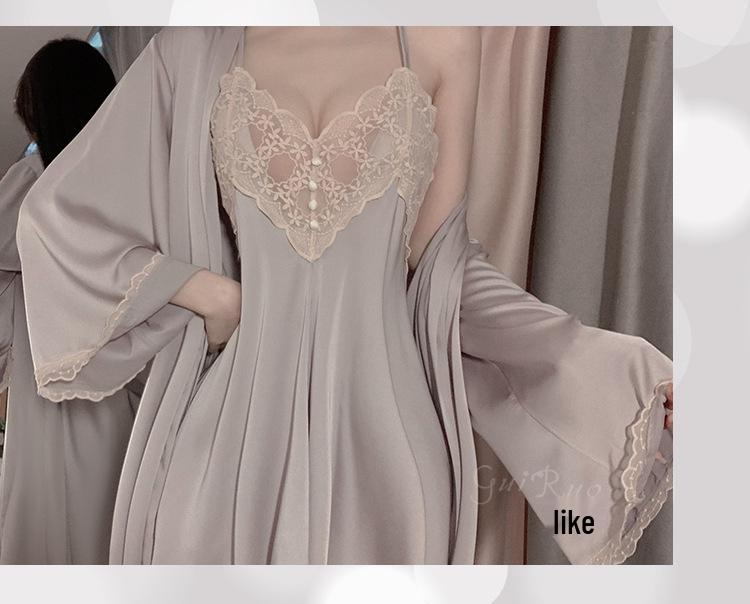 Элегантный кружевной пижамный комплект для весны/лета: Ночная сорочка-майка с открытой спиной и кардиган