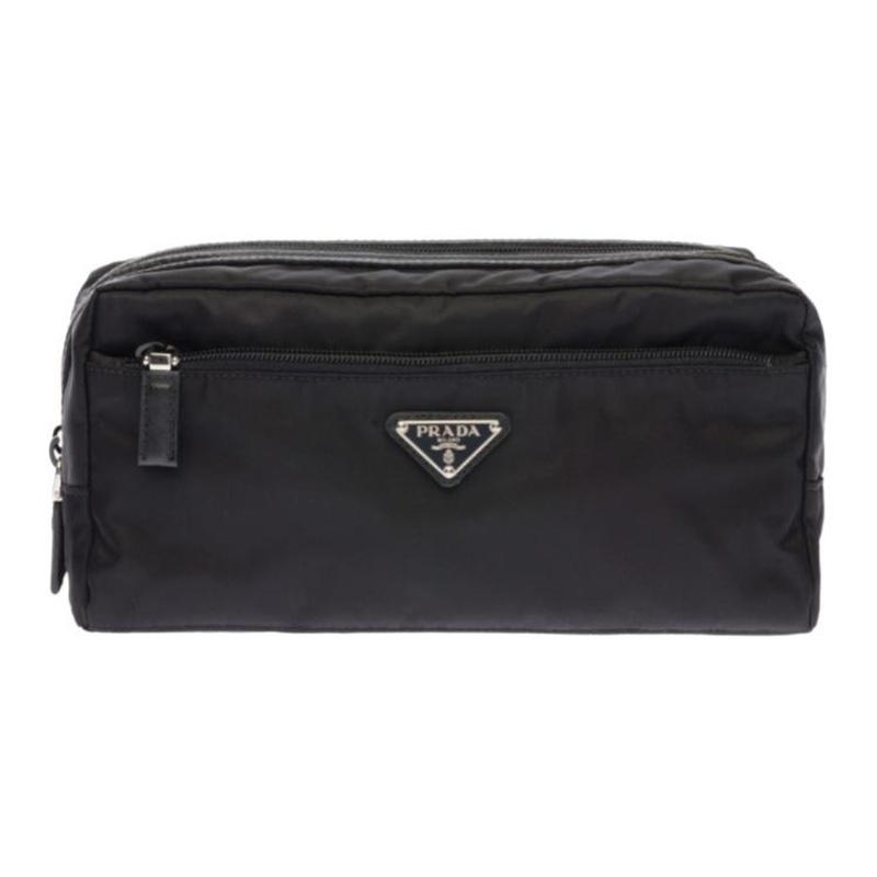 Prada Silver Logo Saffiano Leather Toilet Bag Clutch Unisex Couple Style Black