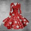 Women's Christmas Tree Snowflake Print V-Neck Slim Fit Long Sleeve Swing Dress