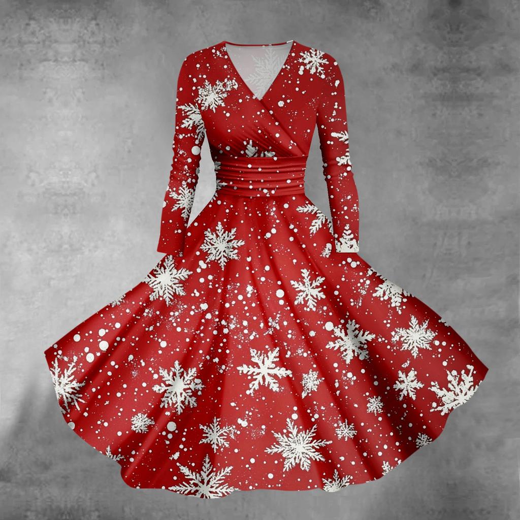 Women's Christmas Tree Snowflake Print V-Neck Slim Fit Long Sleeve Swing Dress