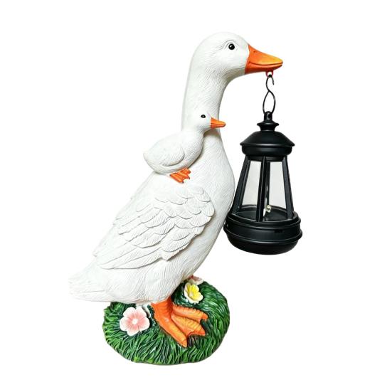 Decorative Yard Art with Lights Garden Duck Statue Solar Lantern, Cute Mom And Baby Sculpture Powered Decoration Lamp, Waterproof Resin Light