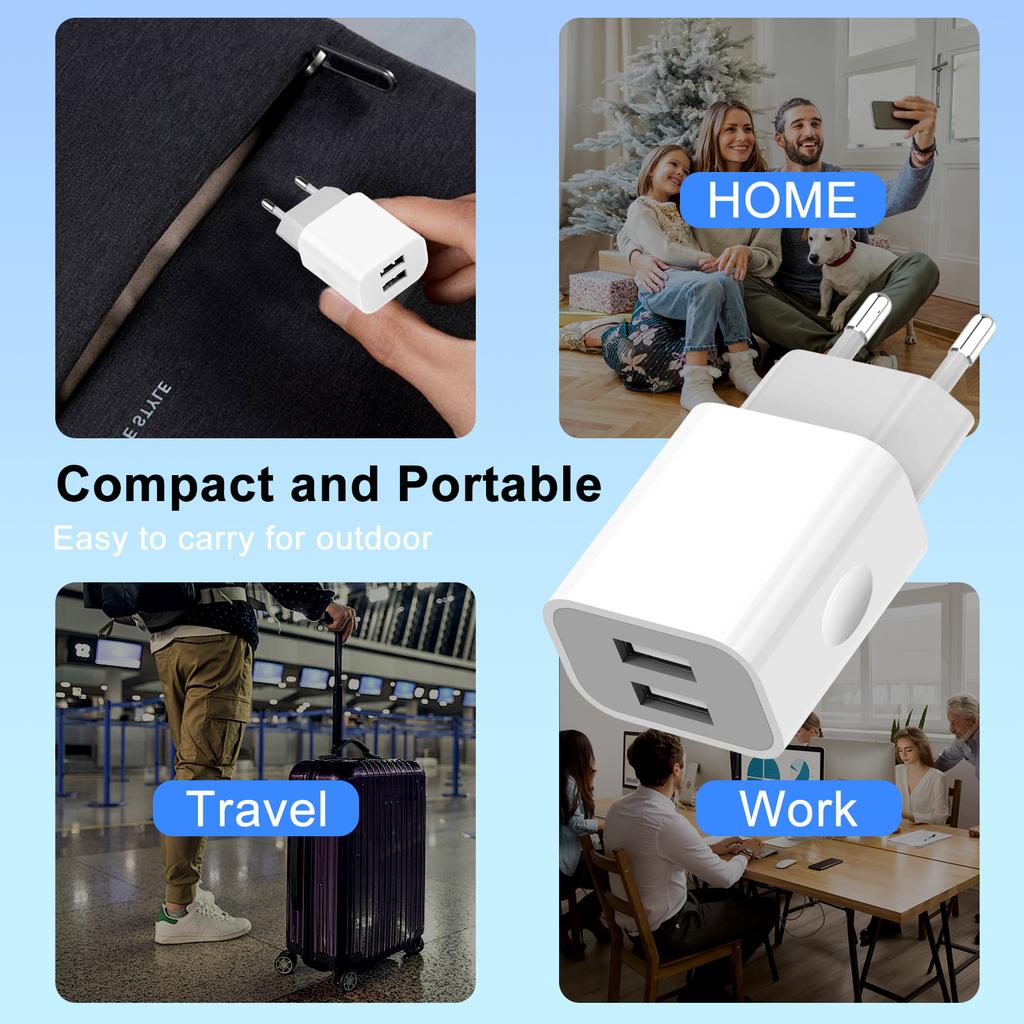 Зарядное устройство USB 5 В 2 А, 2 порта, зарядные устройства для мобильного телефона, вилка ЕС, адаптер питания, настенная зарядка для iPhone 11 12 13 Pro Max Samsung Xiaomi