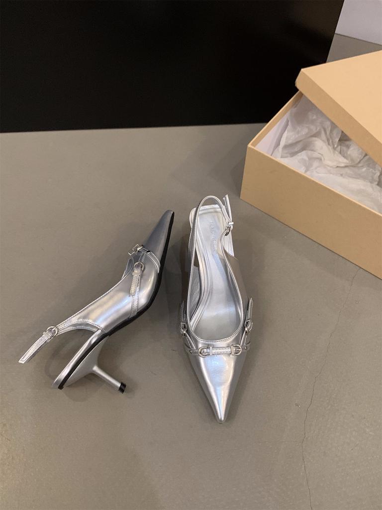 Французские босоножки-мешки черного цвета на шпильках, новинка весны и лета 2024 года, серебристые одинарные туфли с острыми каблуками