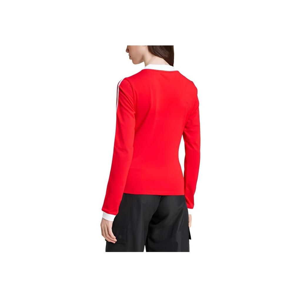 Adidas Originals Classic V-Neck Sports Ribbed Long Sleeve Shirt Women Tops Red IY7248