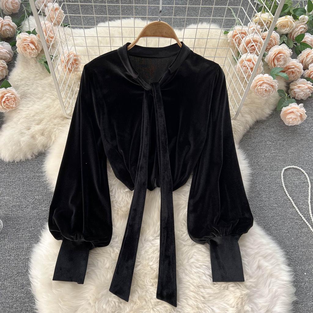 Korean Three-Dimensional Flower High Waist Slim Skirt Loose Bubble Sleeve Velvet Top Sweet Suit Skirt Two-Piece Set