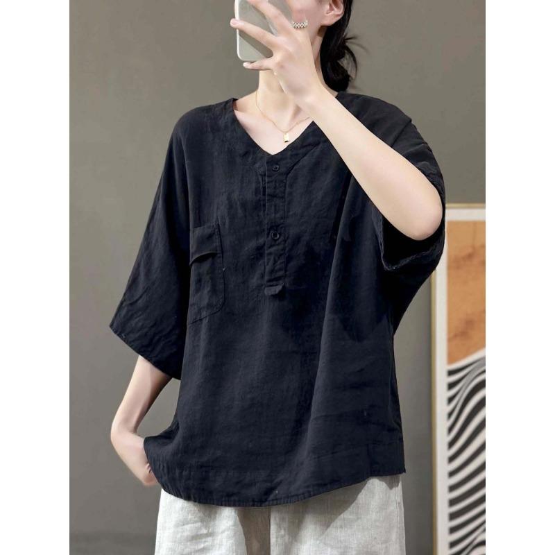 Летняя тонкая футболка с V-образным вырезом и короткими рукавами, женская однотонная ретро-футболка, универсальная, повседневная, свободная, хлопковая, льняная, пуловер, топ