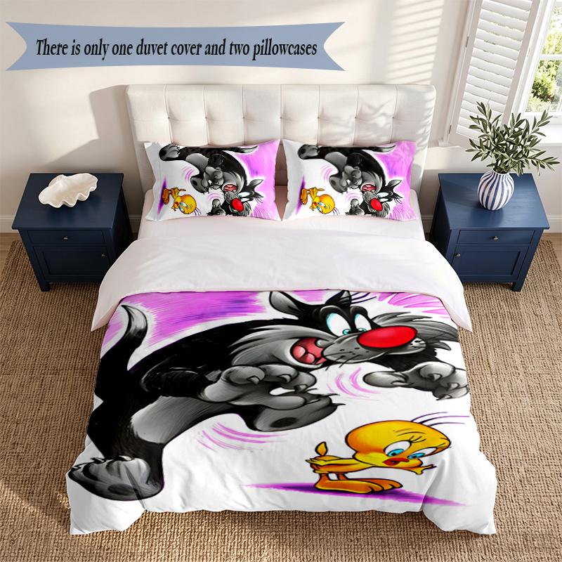 Tweety Bird and Sylvester the Cat 3‑Piece Bedding Set Soft Microfiber Duvet Cover Pillowcases Comfortable Bed Linen for Bedroom Decoration