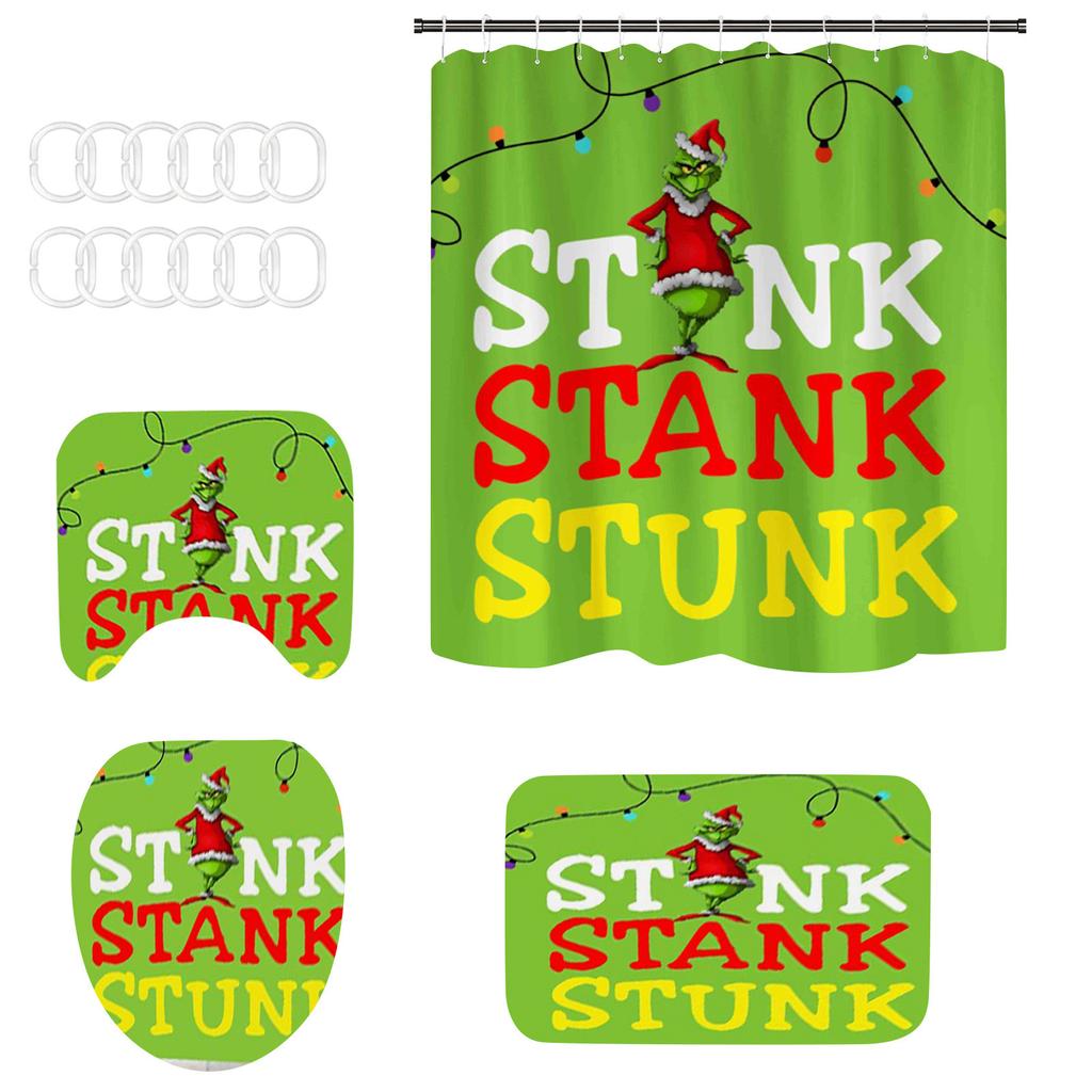 4 Christmas Bathroom Sets, Shower Curtain, - Carpet, Horse Cover And - U-shaped Bath Mat, Christmas Holiday Bathroom Decoration