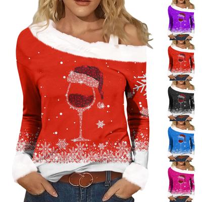 Женская повседневная модная сексуальная футболка с открытыми плечами, рождественским узором, длинным рукавом и круглым вырезом