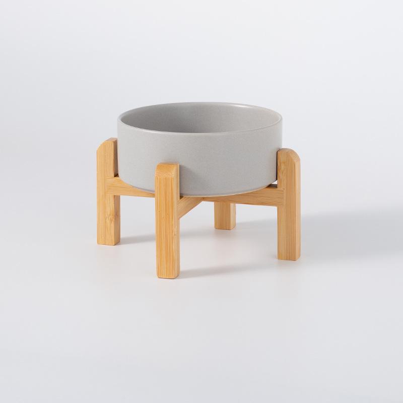 Керамическая миска для корма домашних животных с приподнятой бамбуковой подставкой - Антиопрокидывающаяся конструкция для собак и кошек, Защищает шейный отдел позвоночника