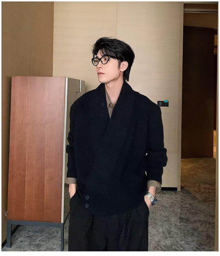 Мужской ретро-кардиган в японском стиле - Осенне-зимний тяжелый вязаный халат с диагональной планкой