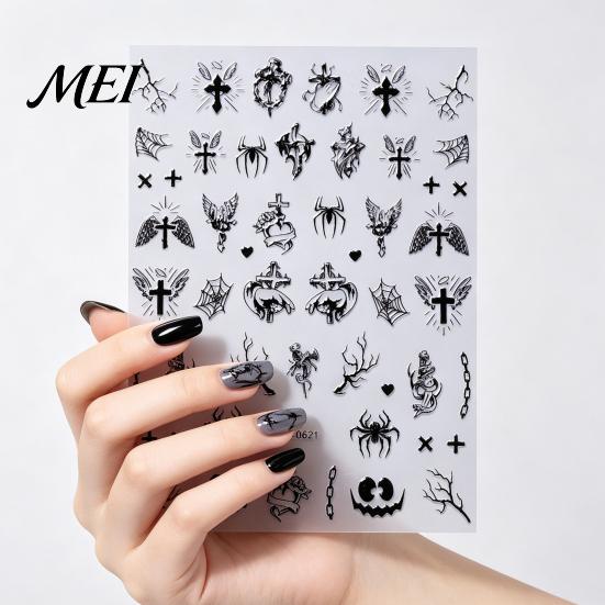 DIY Home Manicure Tools Halloween Nail Art Stickers, 3D Embossed Skeleton Hand Pumpkin Bat Dark Style Wraps Black Decals, Self-Adhesive Sliders