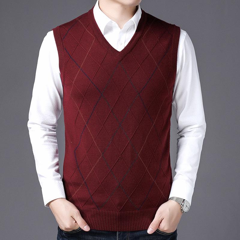 Autumn and Winter Men's Fur Vest, Middle-aged and Elderly V-neck Knitted Sweater, Men's Rhombus Jacquard Vest