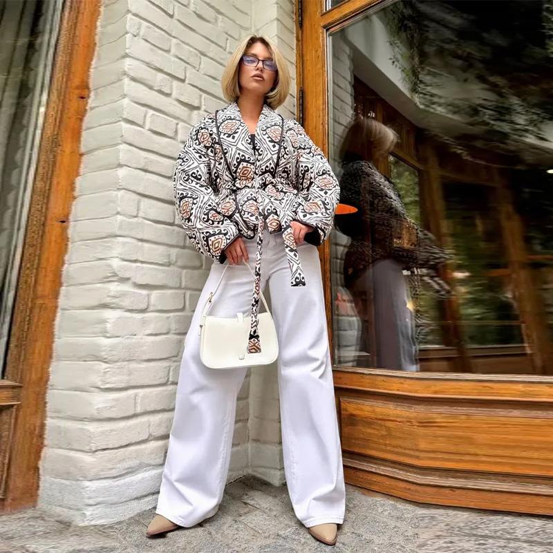 Printed Lace Up Cotton Jacket Lapel Cardigan Thick Warm Women's Oversize Coat Retro Ethnic Style Autumn/Winter 2025