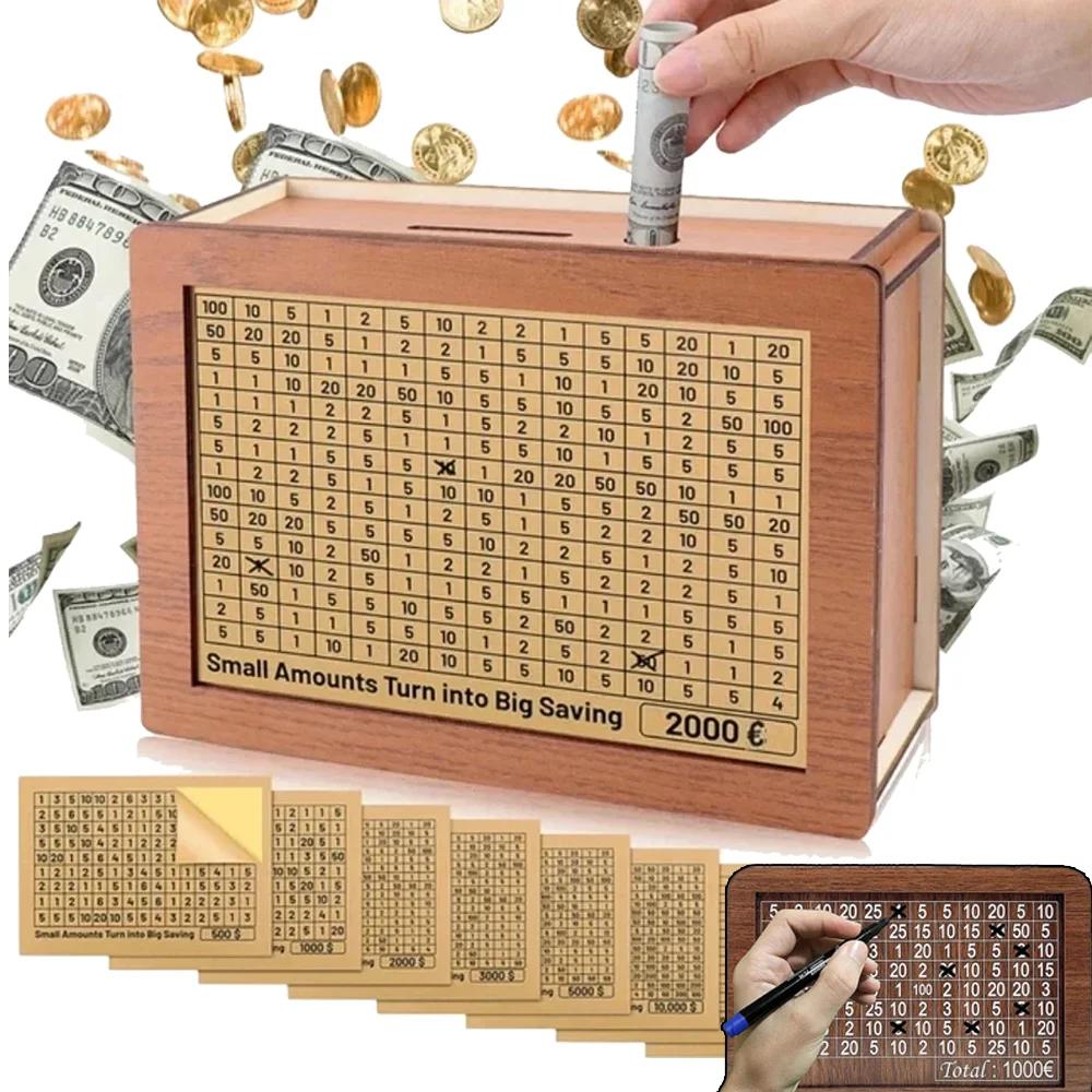 1000/2000/3000/5000 Euro Money Box Wooden Piggy Bank with Reusable Money Box with Saving Goal and Numbers Boxes