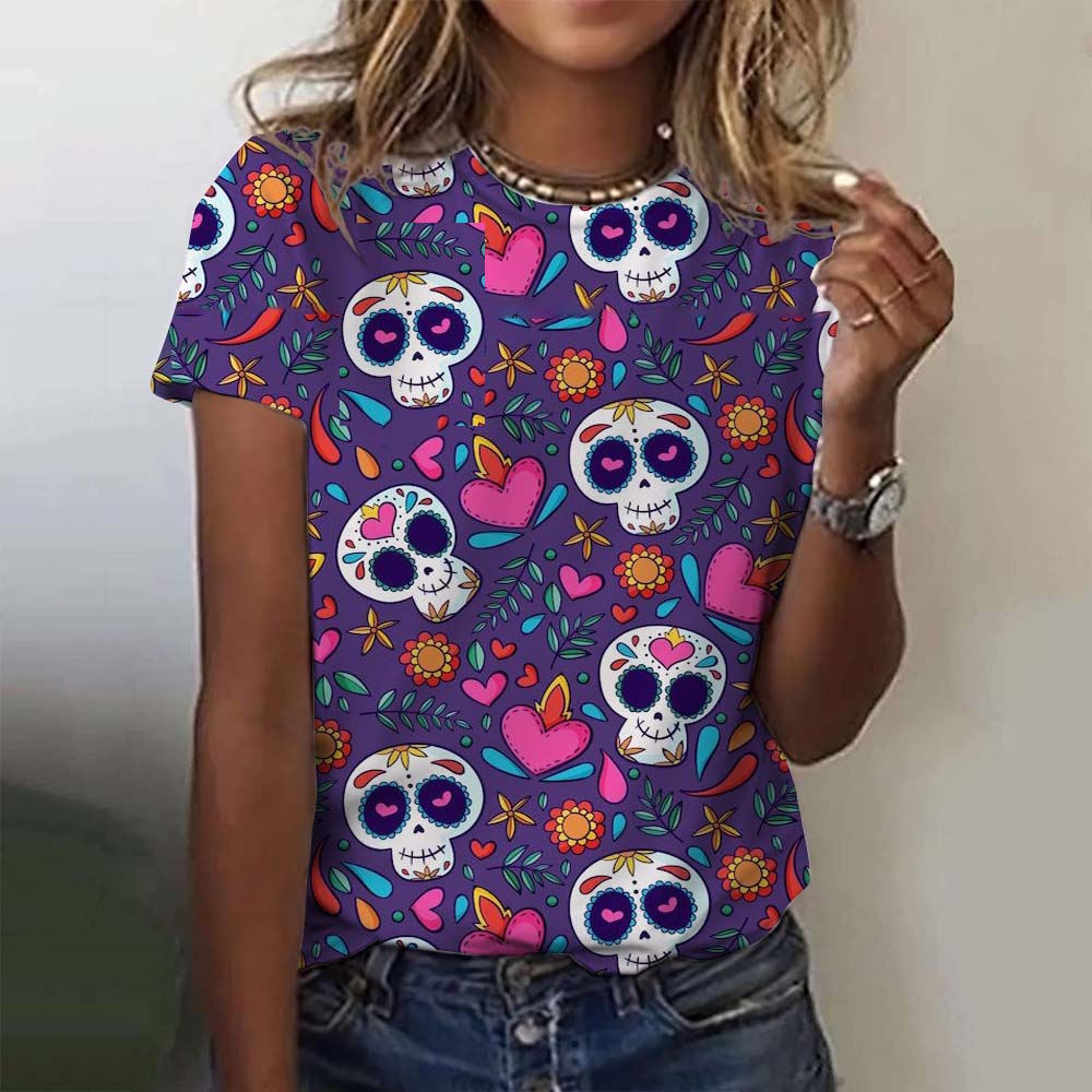Summer Round Neck 3D Colorful Skull Pattern Print Top Fashionable Casual Short Sleeved Women's T-shirts