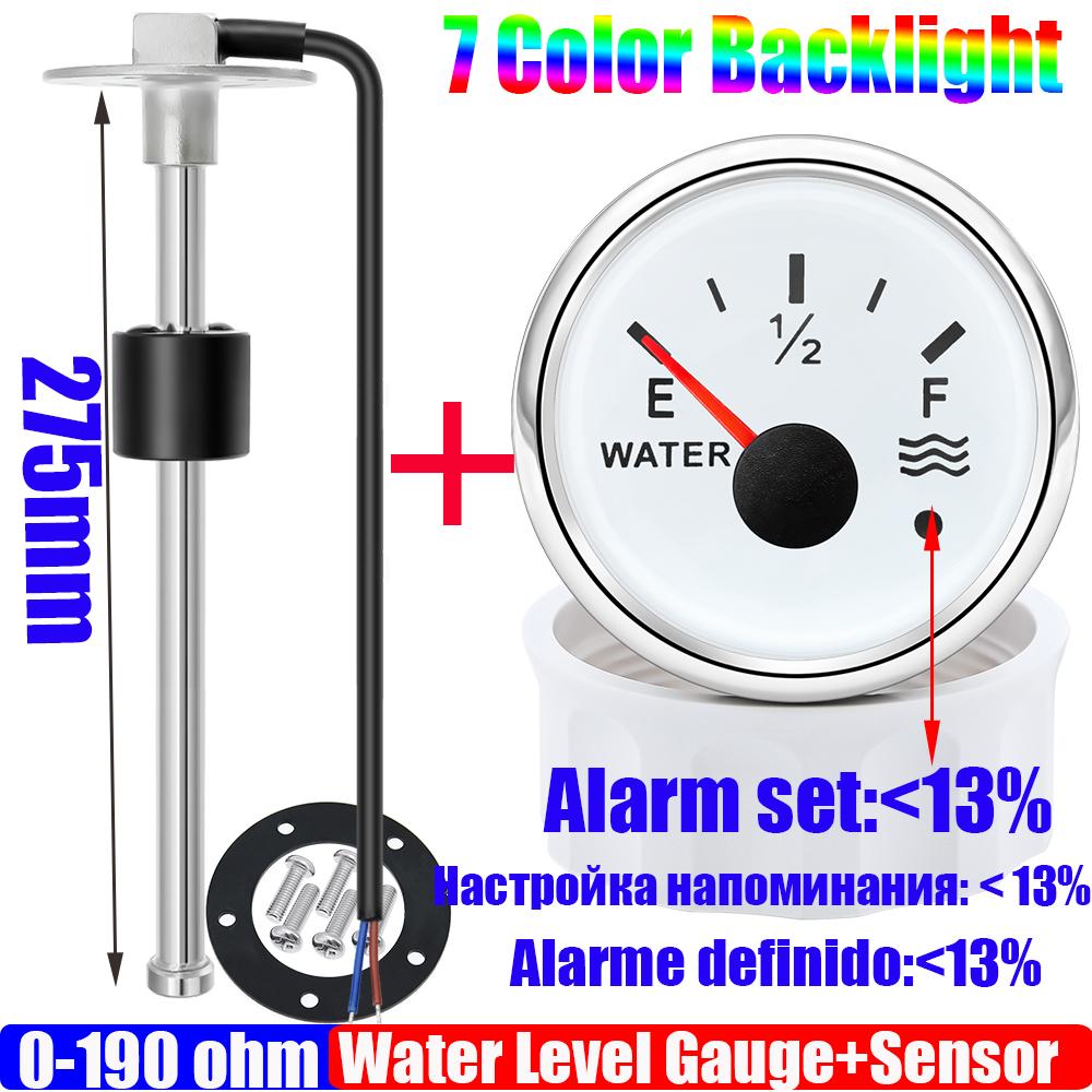 52mm Water Level Gauge for Auto Car Boat with Flash Alarm 7 Color Backlight 100-550mm Water Level Sensor 0-190 Ohm 12V24V Custom