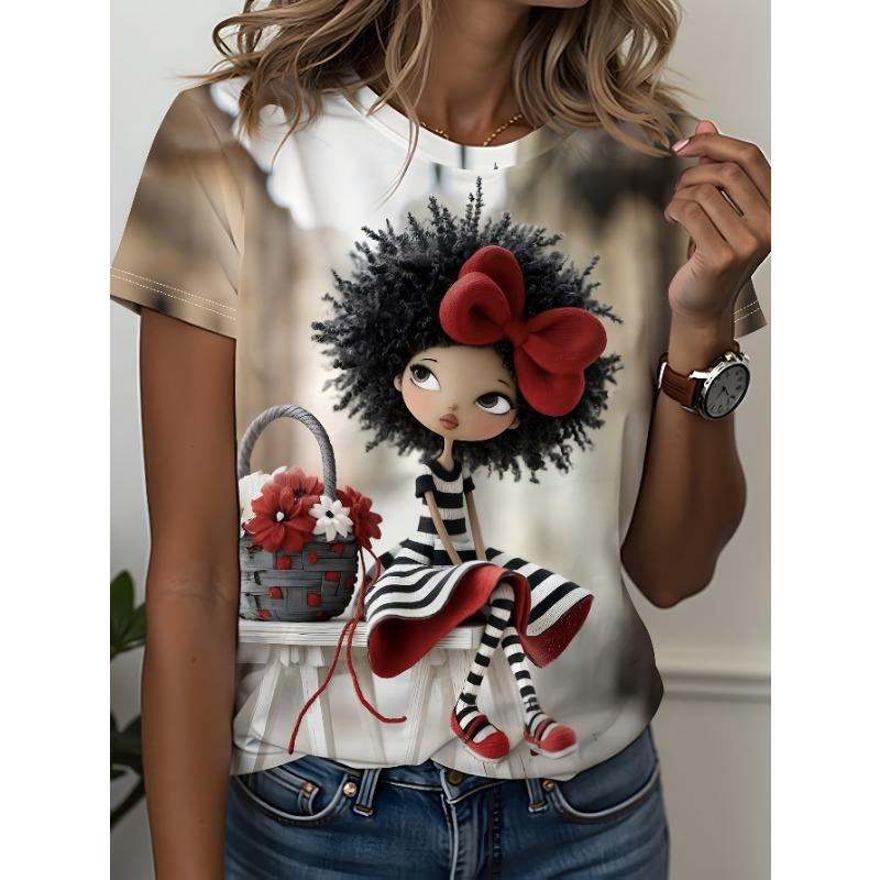 Afro girl printed T-shirt, cute artistic illustration, fashionable casual women's clothing