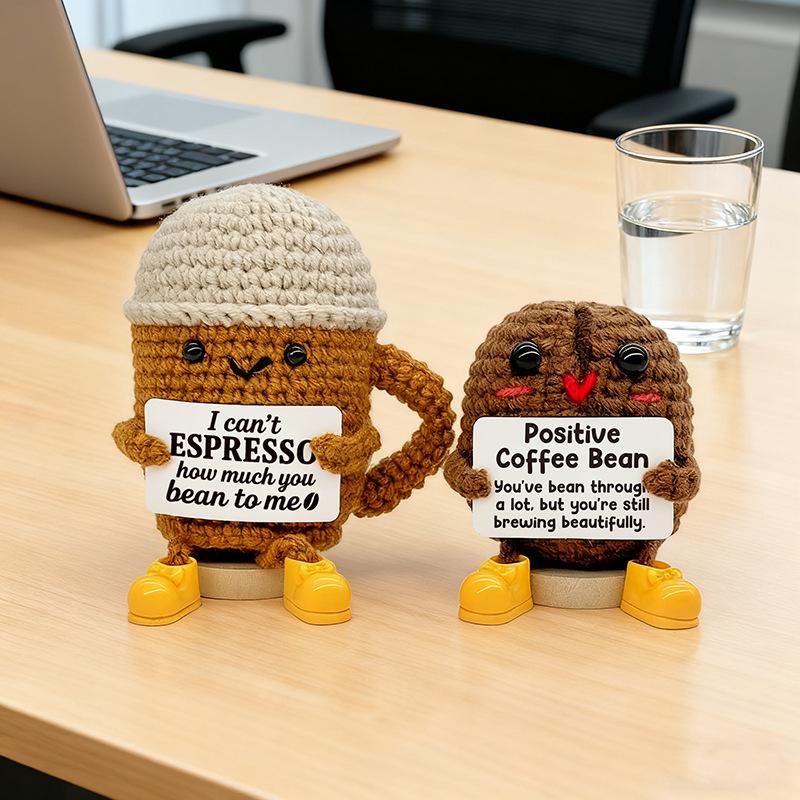 Funny Crochet Positive Energy Coffee Doll with Card Home Room Decoration Handmade Knitted Coffee Desk Ornament Christmas Gifts