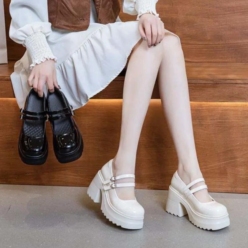 Модные 10 см Лакированная кожа Дышащие Массивные каблуки Мэри Джейн Пряжка Платформа Осенние Туфли Летние Ботильоны Модная Весенняя Обувь