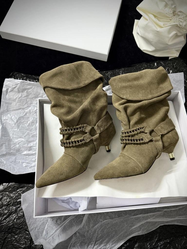 Корейская версия нишевые цепочки кошачий каблук тонкие сапоги женские сапоги средней длины на наборном каблуке с темпераментом тонкий высокий каблук острый носок западный ковбой короткие сапоги