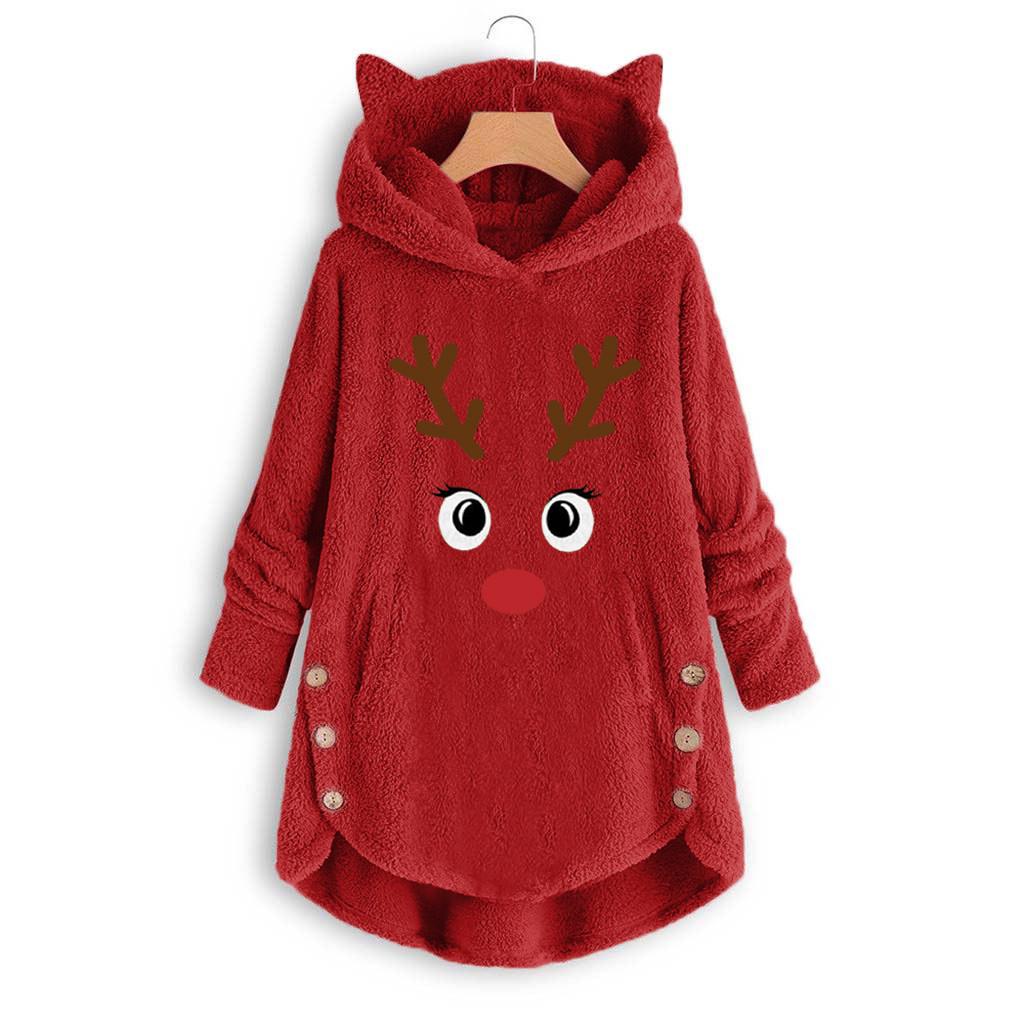 Fashion Winter Irregular Ladies Coat Christmas Embroidery Warm Button Top Plush Loose Cute Cat Ear Jacket Sweater
