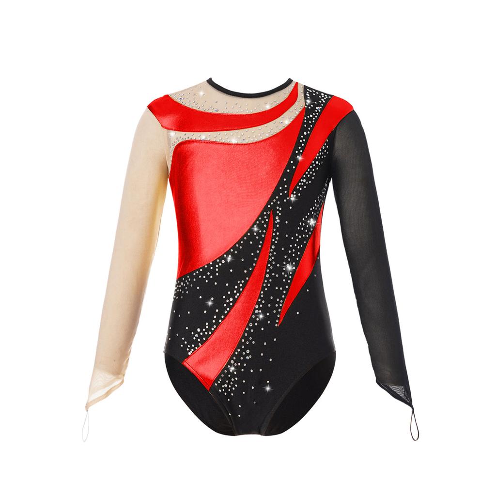 Kids Girls Shiny Gymnastic Leotard Bodysuit Mesh Long Sleeve Keyhole Back Metallic Ice Skating Jumpsuit