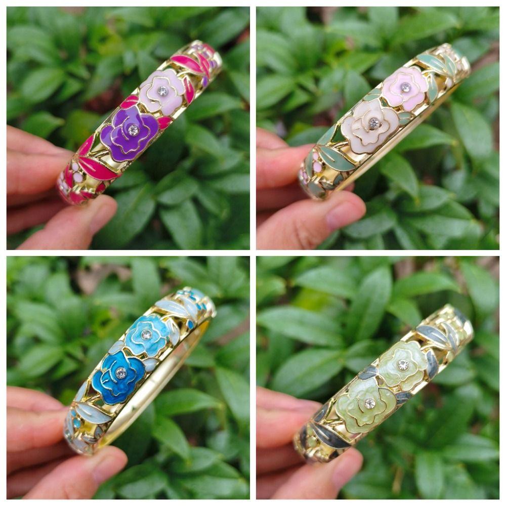 1.4cm Peony Filigree Flower Bangle Wider Women's Hand Bracelet Gifts for Women Girl