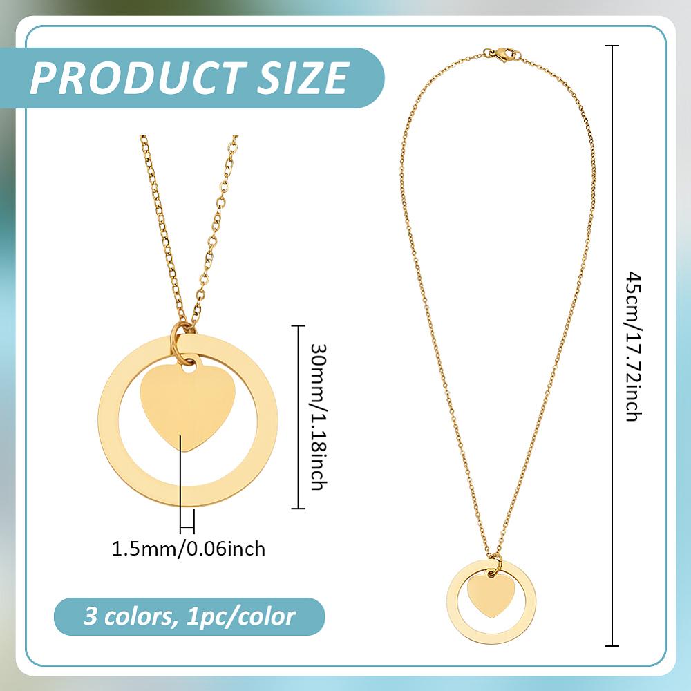 3Pcs 3 Colors 304 Stainless Steel Pendant Necklaces Flat Round with Heart Mixed Color 17.72 inch(45cm) 1pc/color