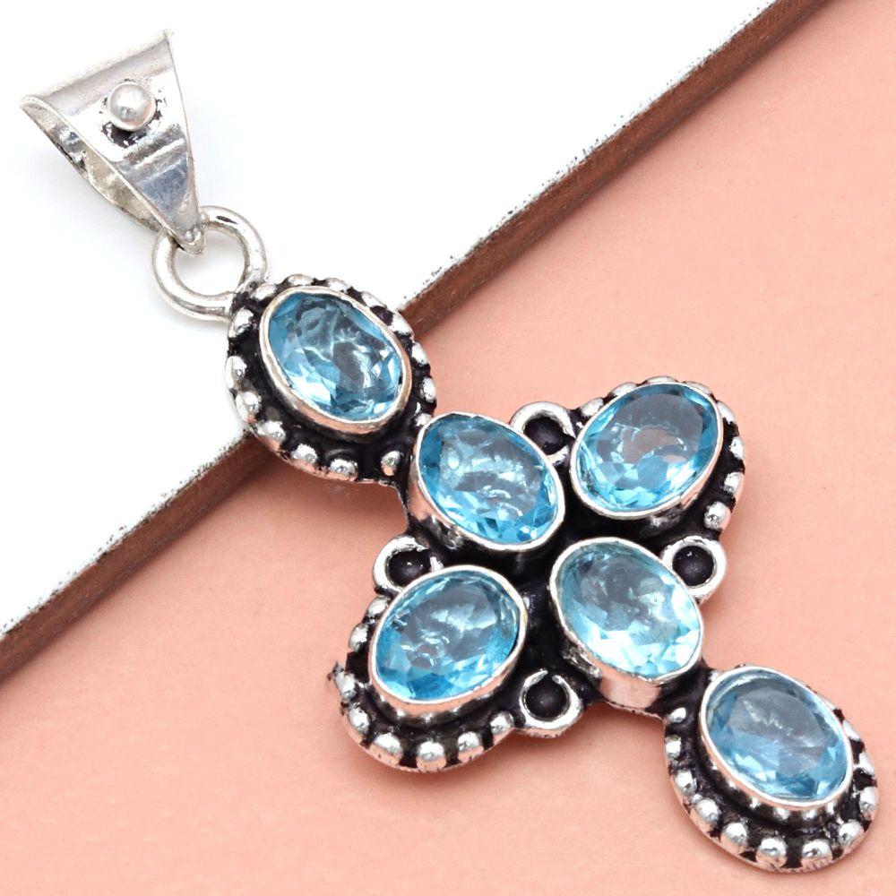Pendant Swiss Blue Quartz Gemstone Gift For Her Silver Jewelry 2"