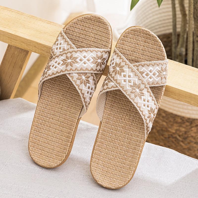 Летние ретро-модные женские нескользящие льняные тапочки