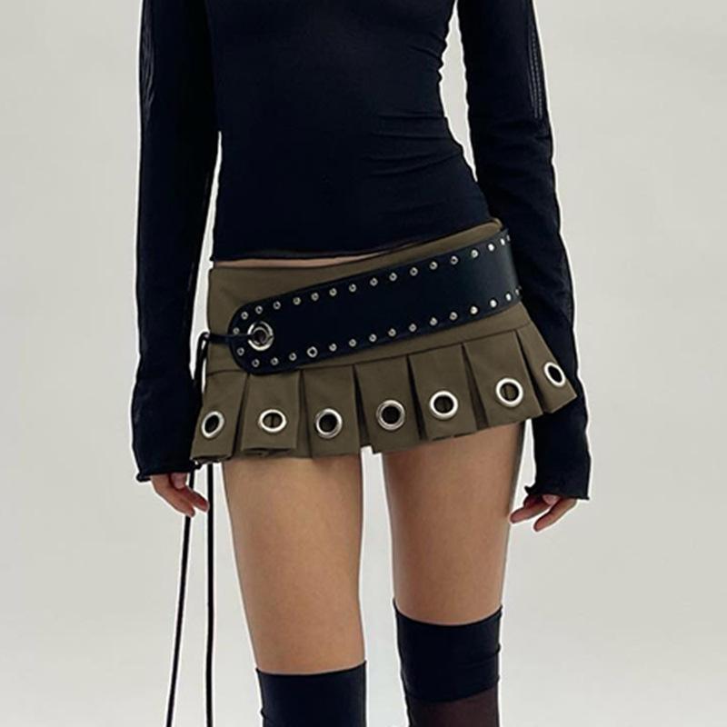 Women's Sexy Mini Tie Leather Large Belt Street Punk Hottie Pleated Skirt