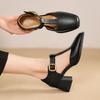Мода НОВЫЕ Летние Женские Сандалии Обувь из Спилка для Женщин Квадратный Носок Массивный Каблук Обувь Ретро Средний Каблук Мэри Джейнс Ретро Черная Обувь