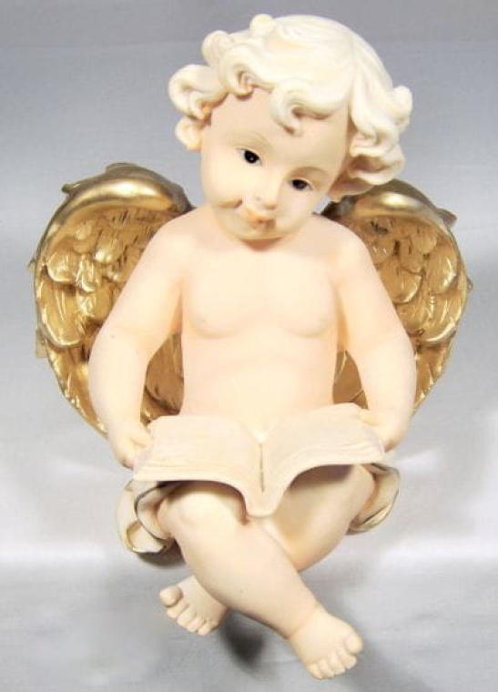 An angel sitting with its legs dangling