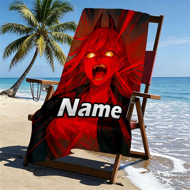 Custom Name Personalized Makima Chainsaw Man Print Beach Towel, for Trip Camping Beach Party Home Decor, Birthday Gift for Family & Friends