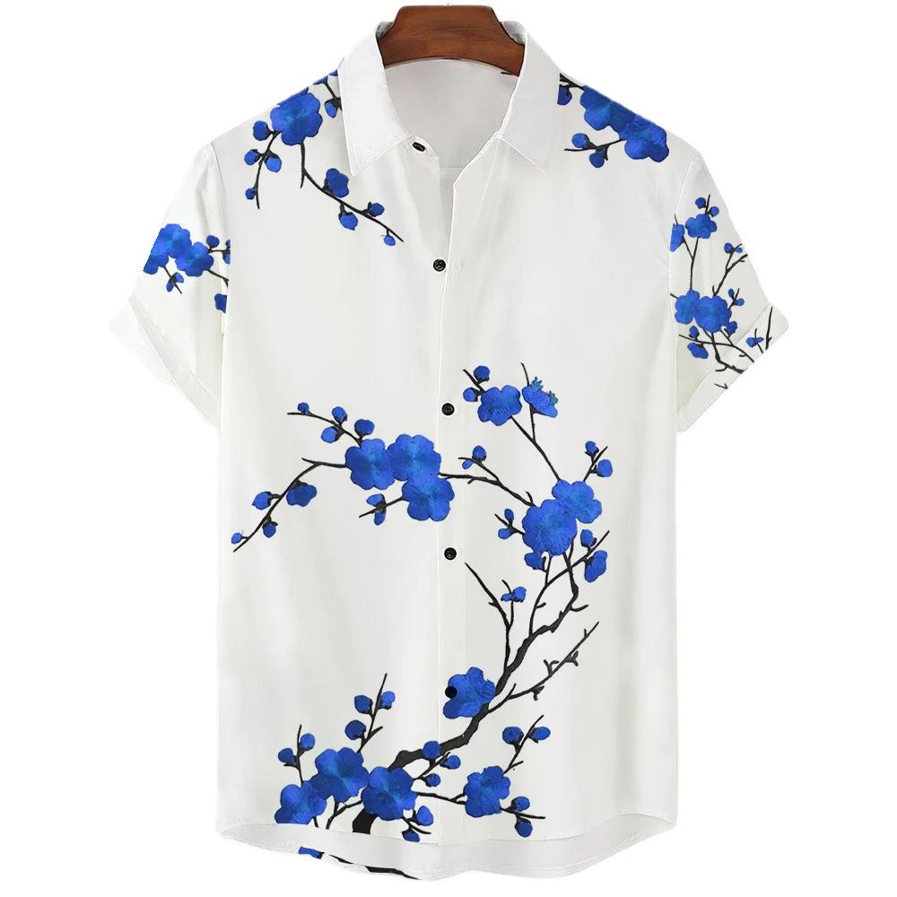 Japanese Aesthetic Cherry Blossom Print Men's Shirt Fashionable Luxury Lapel Button-down Shirt Casual Short-sleeved Tops