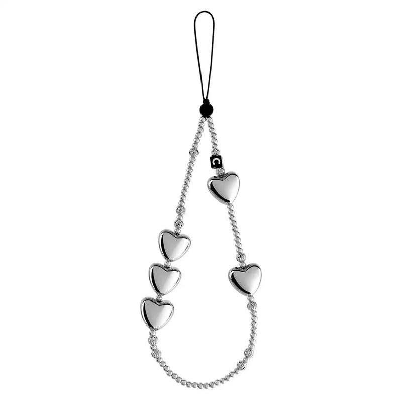 White Heart Phone Lanyard With Pearl Charm Anti-Lost Strap Smartphone Womens Fashion Accessory