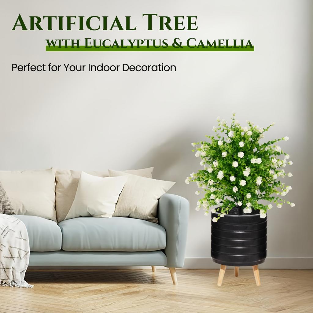 2 шт. Уличные искусственные зеленые деревья с искусственным эвкалиптом и цветами камелии, включая грунтовые колышки - Идеально для сада, патио, всесезонного декора