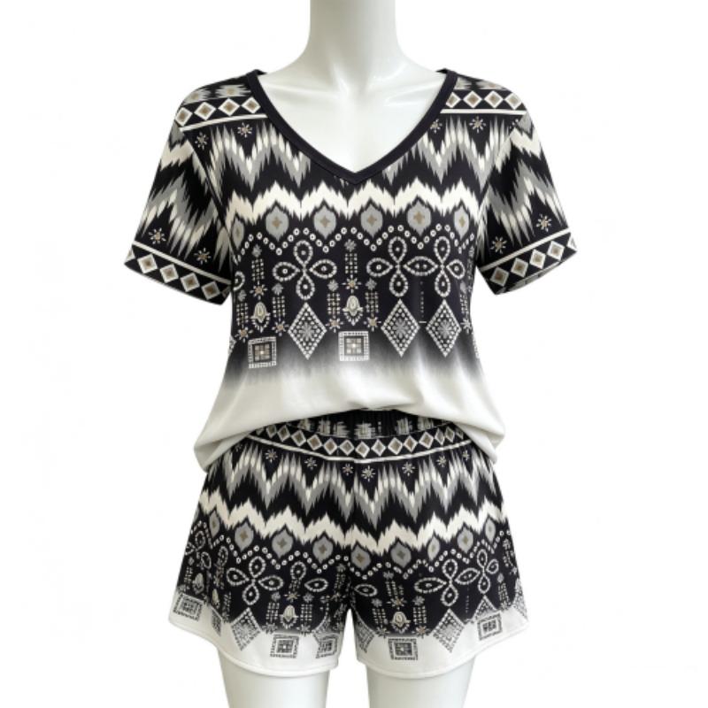 Summer Bohemian Elements Patterns Printed V Neck Short Sleeved T-Shirt And Shorts Set Women's and Men's T-shirt Shorts Set