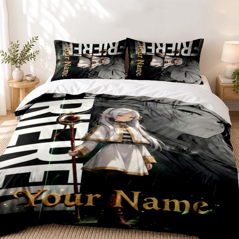 Frieren Custom Name 3pc set Perfect for bedroom use Comfortable bedding set includes a duvet cover and two pillowcases Ideal birthday or Christ