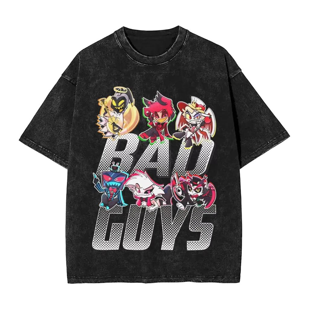 Unisex Vintage Washed Cotton T-Shirt Hazbin Hotel Alastor Radio Demon Graphic Tee Unisex Loose Streetwear Anime Casual Short Sleeve Top