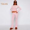 2 шт./комплект женский топ брюки костюм круглый вырез длинный рукав однотонный цвет узкая блузка эластичный пояс расклешенные брюки повседневная одежда спортивный наряд осень