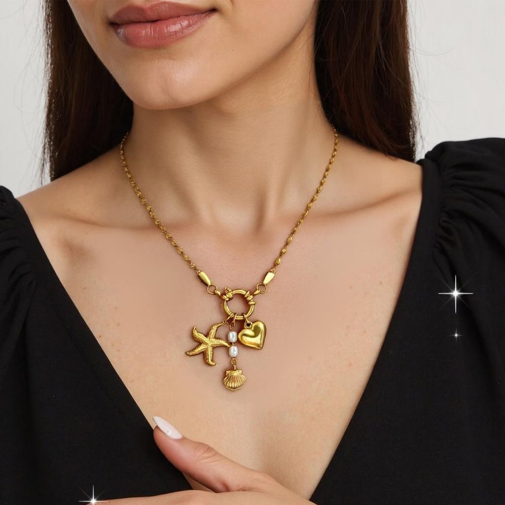 Модное ожерелье из нержавеющей стали с подвеской в виде сердца и ракушки в виде морской звезды, стильное ожерелье, подходящее для любителей моды