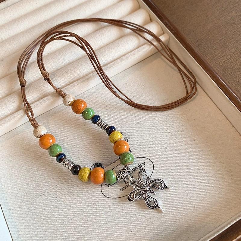 New Retro Feather Necklace, Ethnic Style, Layered Bead, Collarbone Chain, Long Bohemian Accessory