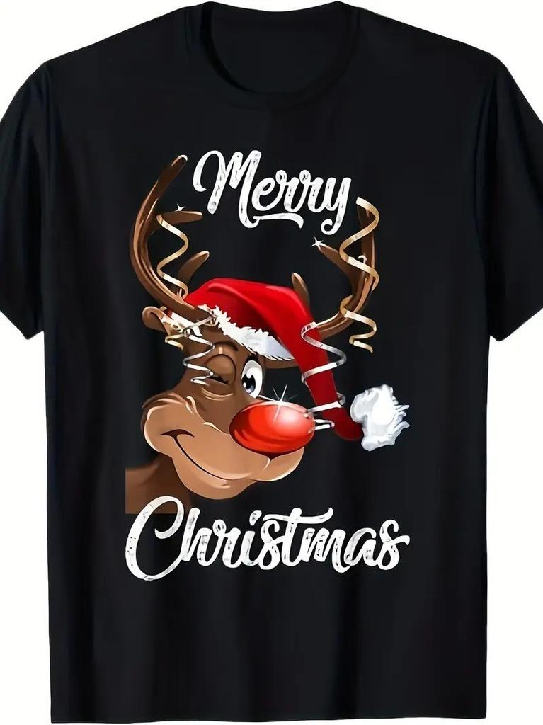 Cute Rudolph Red Nose Reindeer Santa Hat Merry Christmas T-Shirt Mens Womens Tees Top S-5XL Q7458