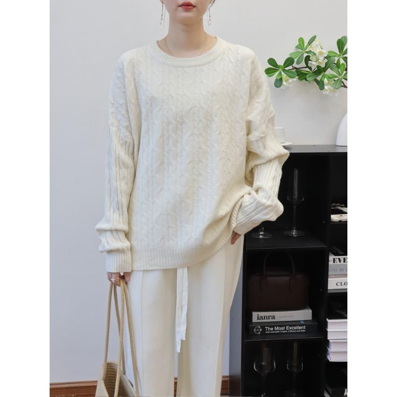 Retro Twist Crew Neck Soft Waxy Knitted Sweater Top Autumn and Winter New Loose Sweater Pullover Inside Women