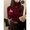 Футболка в стиле ретро красного цвета с длинными рукавами для женщин, правое плечо высокого качества, тонкий бархатный утолщенный воротник на осень и зиму, нижняя часть рубашки сверху